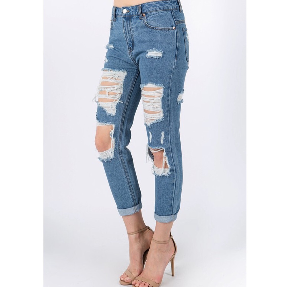 Retro Straight-leg Distressed Holey Ripped Jeans - Picture 5 of 9